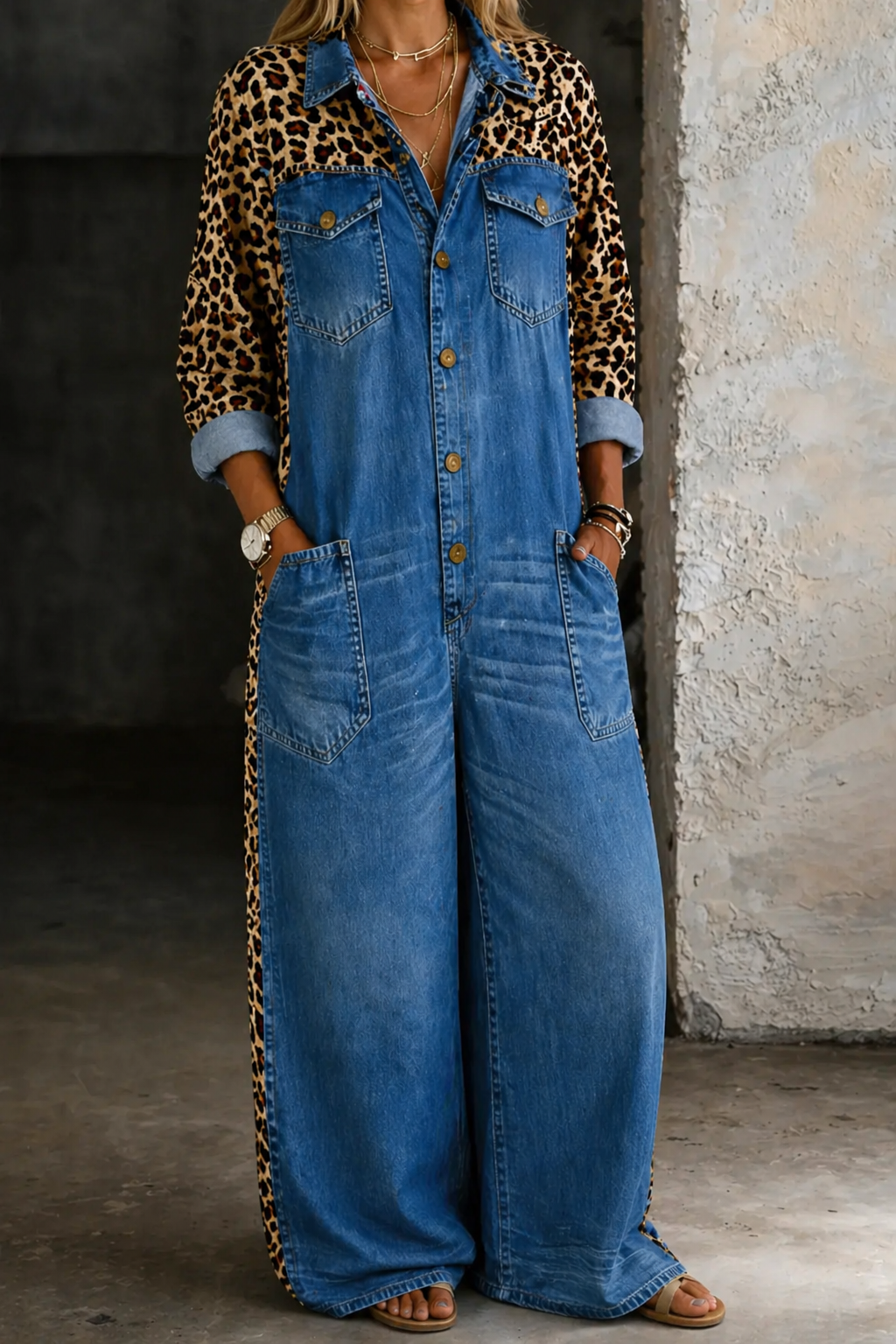 Damen-Jumpsuit aus Jeansstoff mit Leopardenmuster und weitem Bein