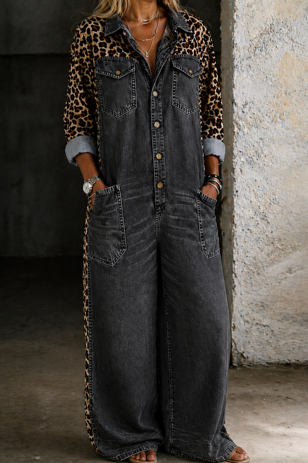 Damen-Jumpsuit aus Jeansstoff mit Leopardenmuster und weitem Bein