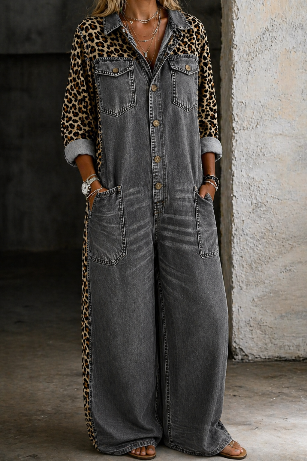 Damen-Jumpsuit aus Jeansstoff mit Leopardenmuster und weitem Bein