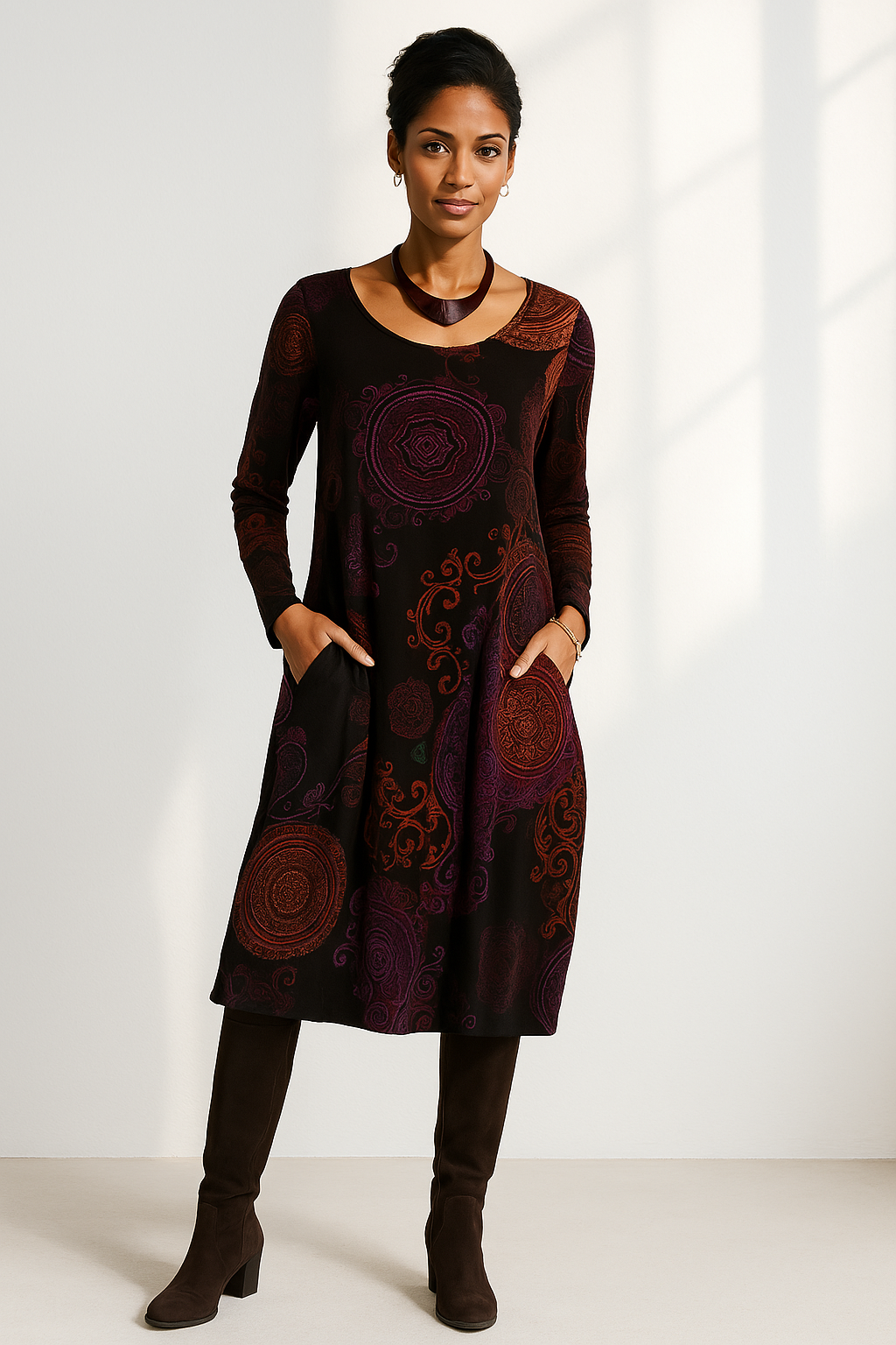 Boho-Midikleid für Damen mit Mandala-Print und langen Ärmeln für eleganten Stil