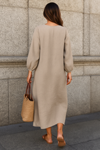 Damen Midi-Kleid aus Baumwoll-Leinen-Mischung mit Knopfleiste für den Alltag