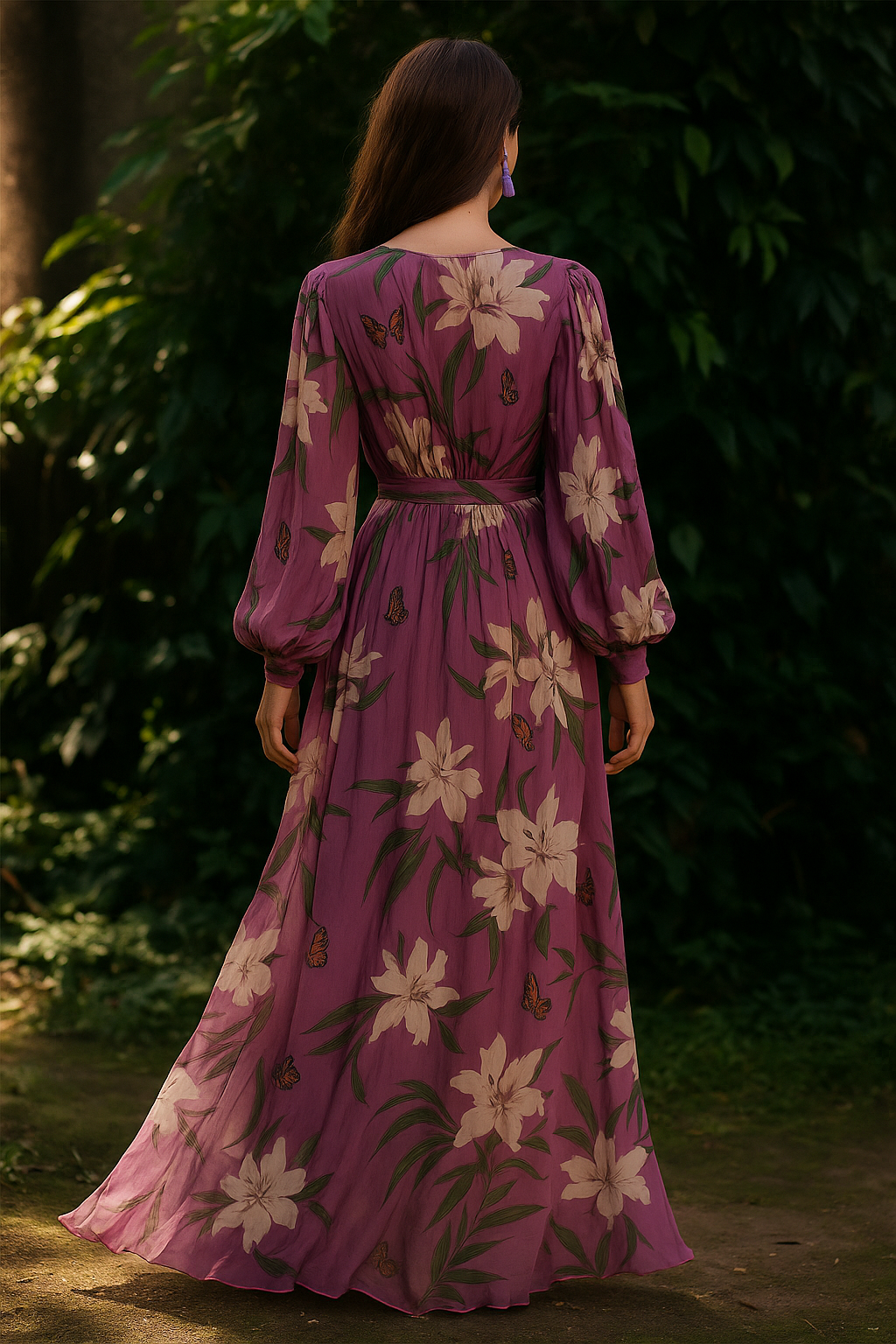 Maxikleid für Damen mit Blumenmuster, V-Ausschnitt und langen Ballonärmeln für elegante Anlässe