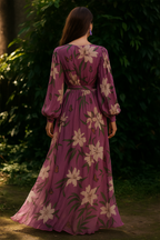 Maxikleid für Damen mit Blumenmuster, V-Ausschnitt und langen Ballonärmeln für elegante Anlässe