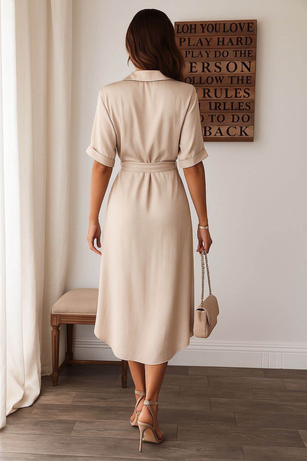 Damen-Midikleid mit Knopfleiste und Taillengürtel für eleganten Alltagslook