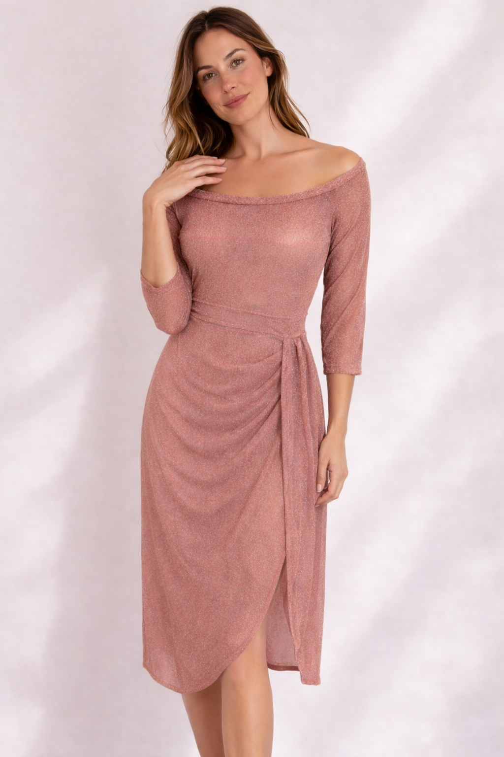 Women's Off-Shoulder Glitter Wrap Dress with Draped Midi Silhouette
