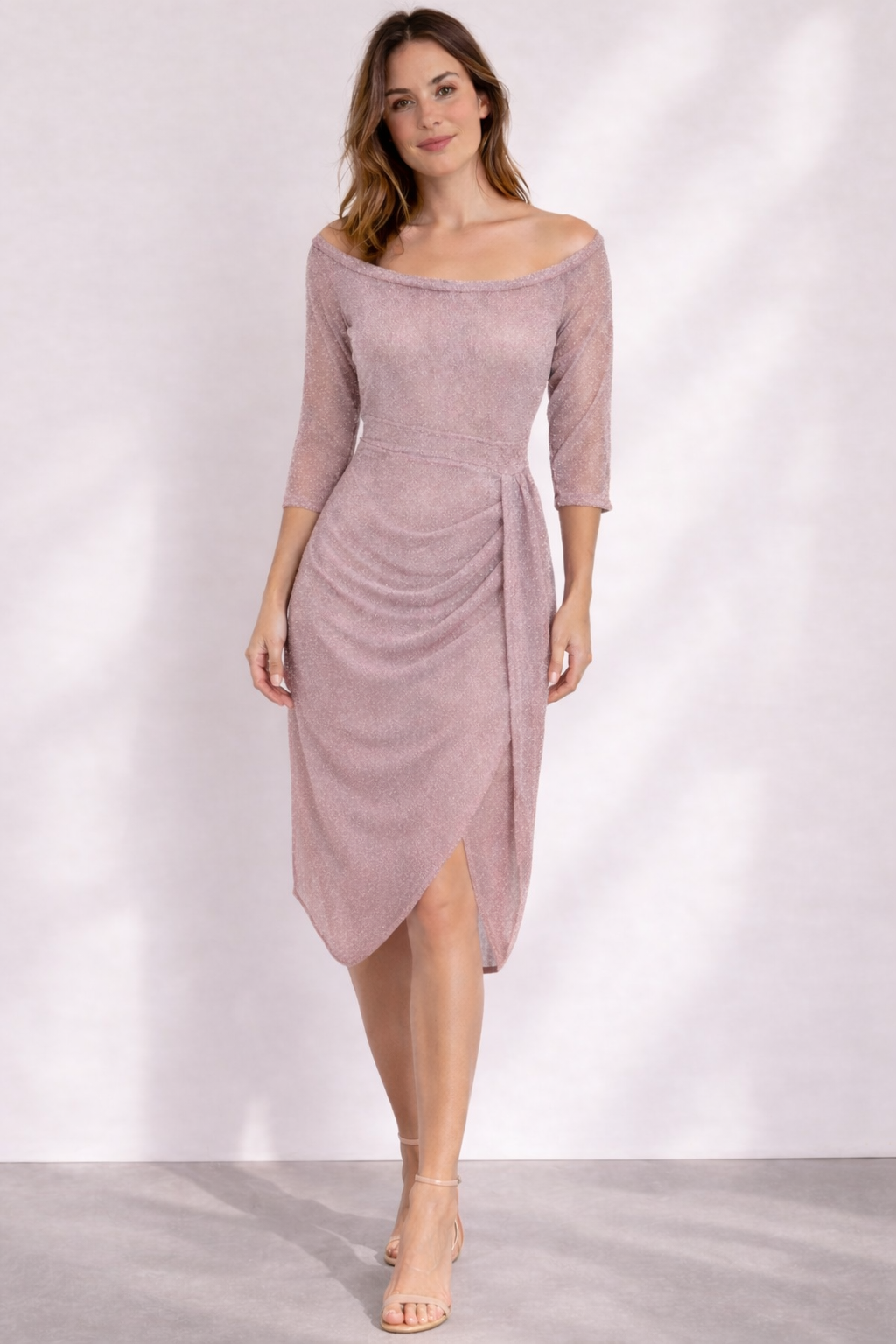 Women's Off-Shoulder Glitter Wrap Dress with Draped Midi Silhouette