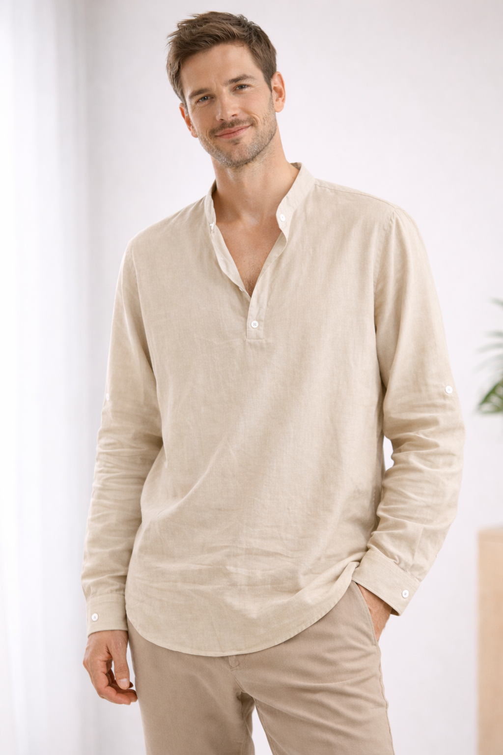 Men's Long-Sleeve Henley Shirt with Band Collar for Relaxed Summer Style
