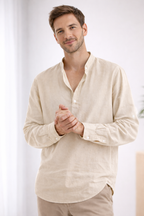 Men's Long-Sleeve Henley Shirt with Band Collar for Relaxed Summer Style