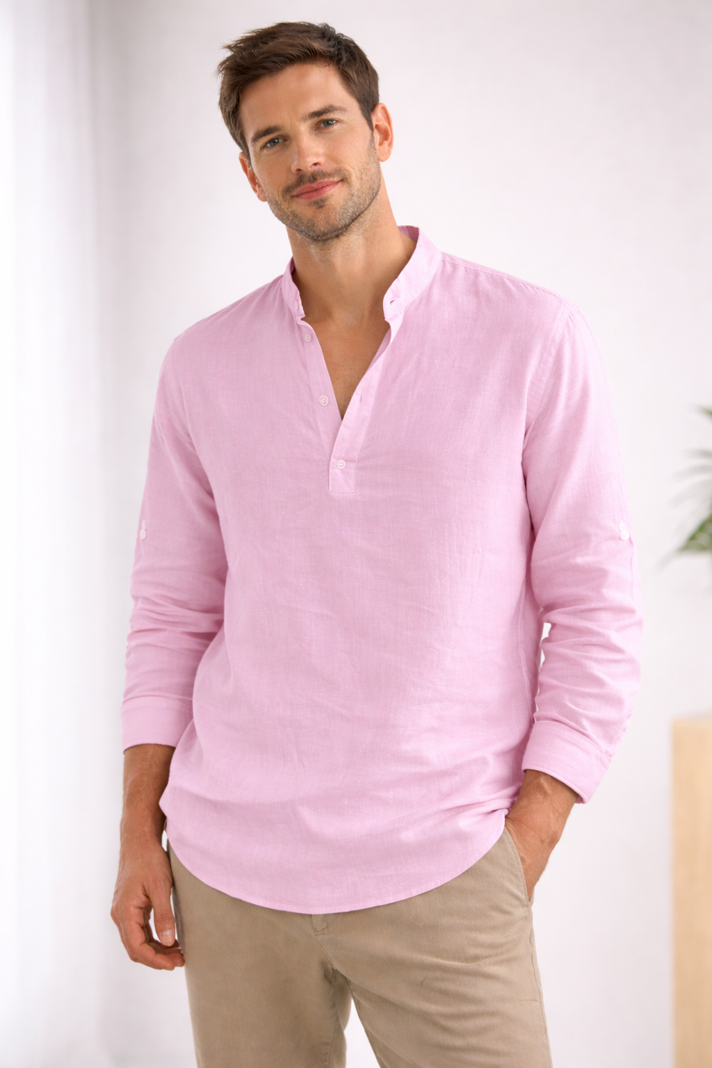 Men's Long-Sleeve Henley Shirt with Band Collar for Relaxed Summer Style