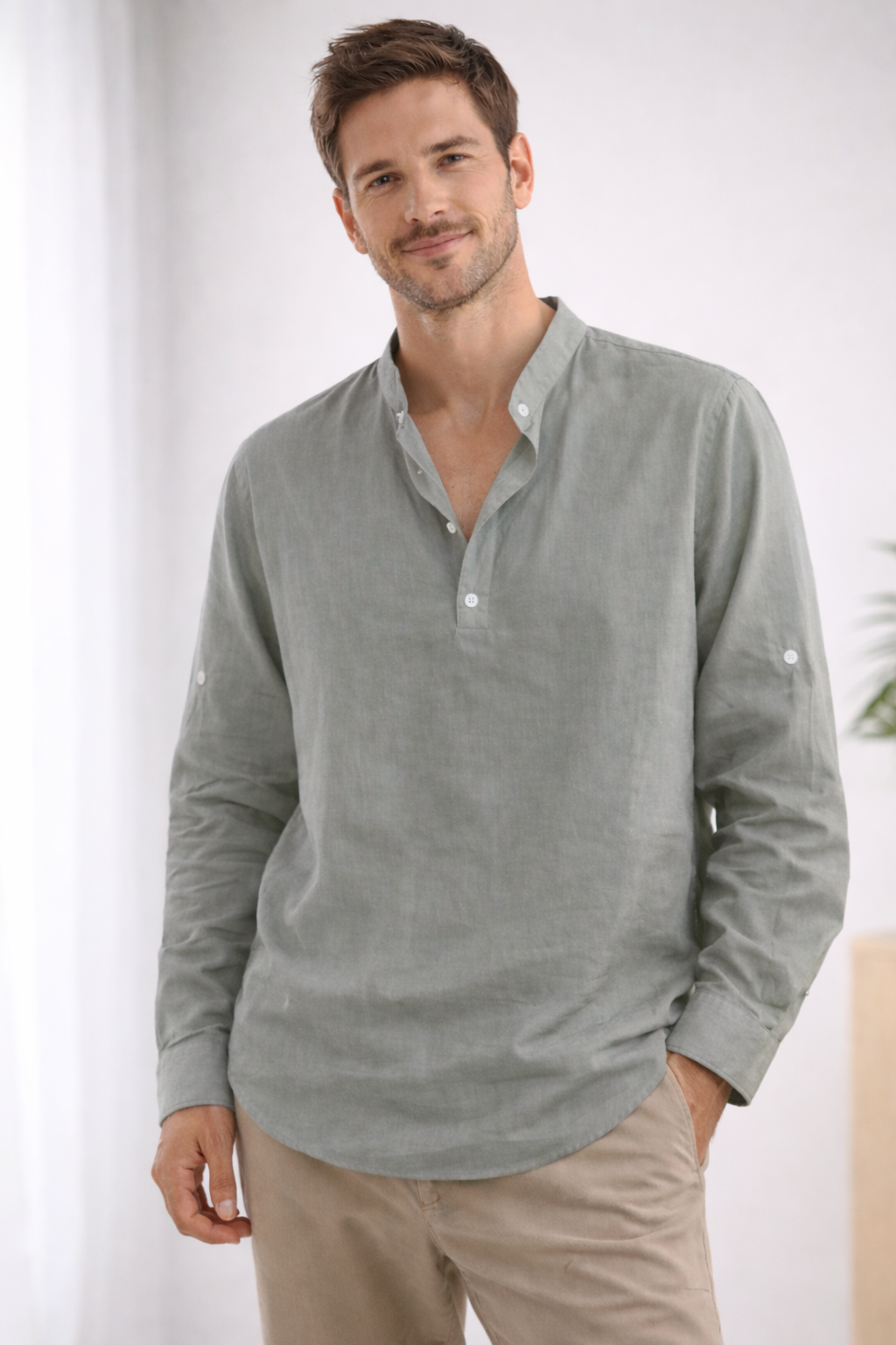 Men's Long-Sleeve Henley Shirt with Band Collar for Relaxed Summer Style