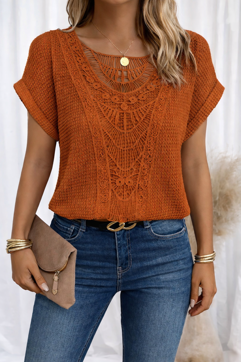 Blouse pour femme en maille texturée avec dentelle au crochet