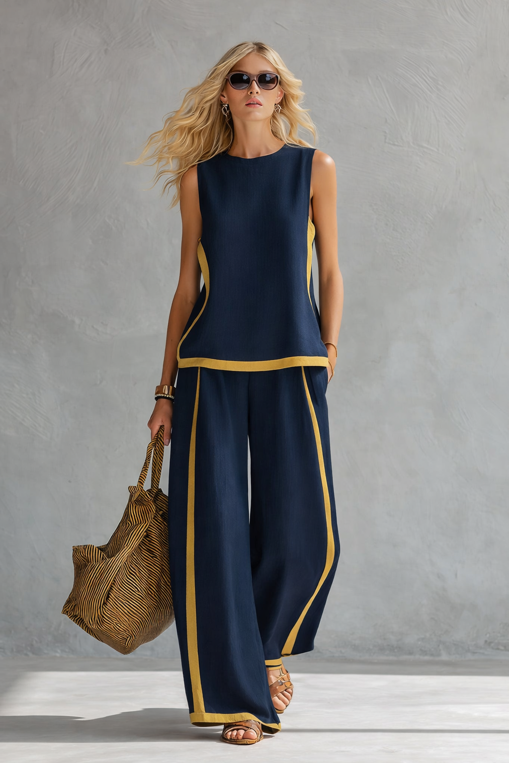 Ensemble pour femme composé d’un haut sans manches à bordure contrastée et d’un pantalon à jambes larges  