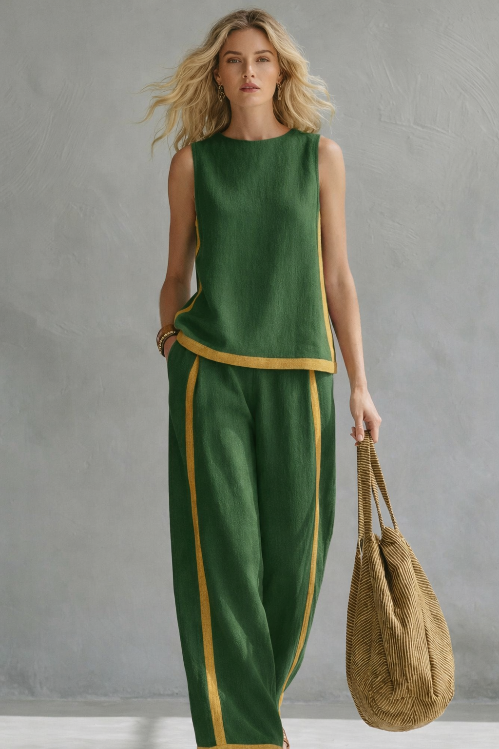 Ensemble pour femme composé d’un haut sans manches à bordure contrastée et d’un pantalon à jambes larges  