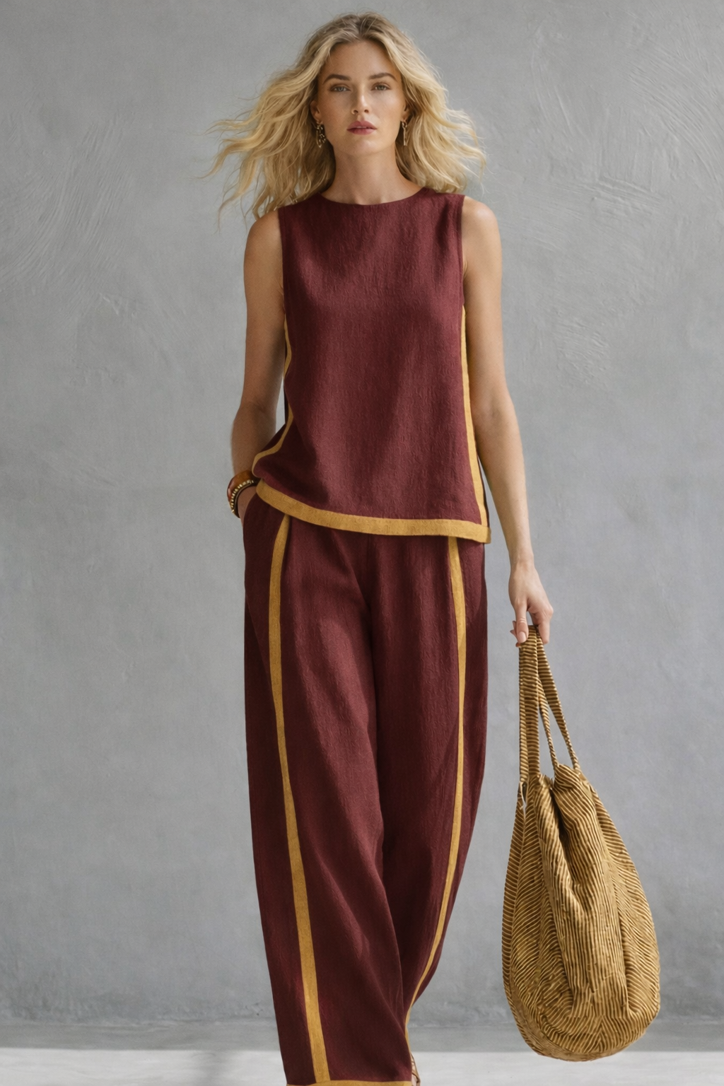 Ensemble pour femme composé d’un haut sans manches à bordure contrastée et d’un pantalon à jambes larges  