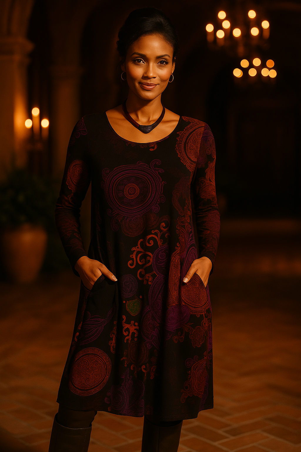 Boho-Midikleid für Damen mit Mandala-Print und langen Ärmeln für eleganten Stil