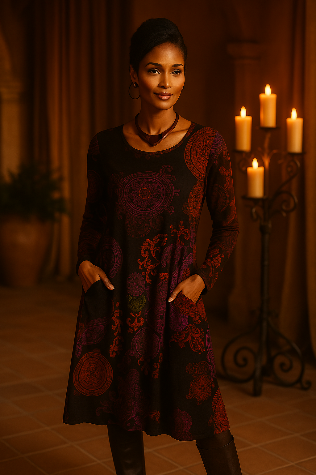 Boho-Midikleid für Damen mit Mandala-Print und langen Ärmeln für eleganten Stil