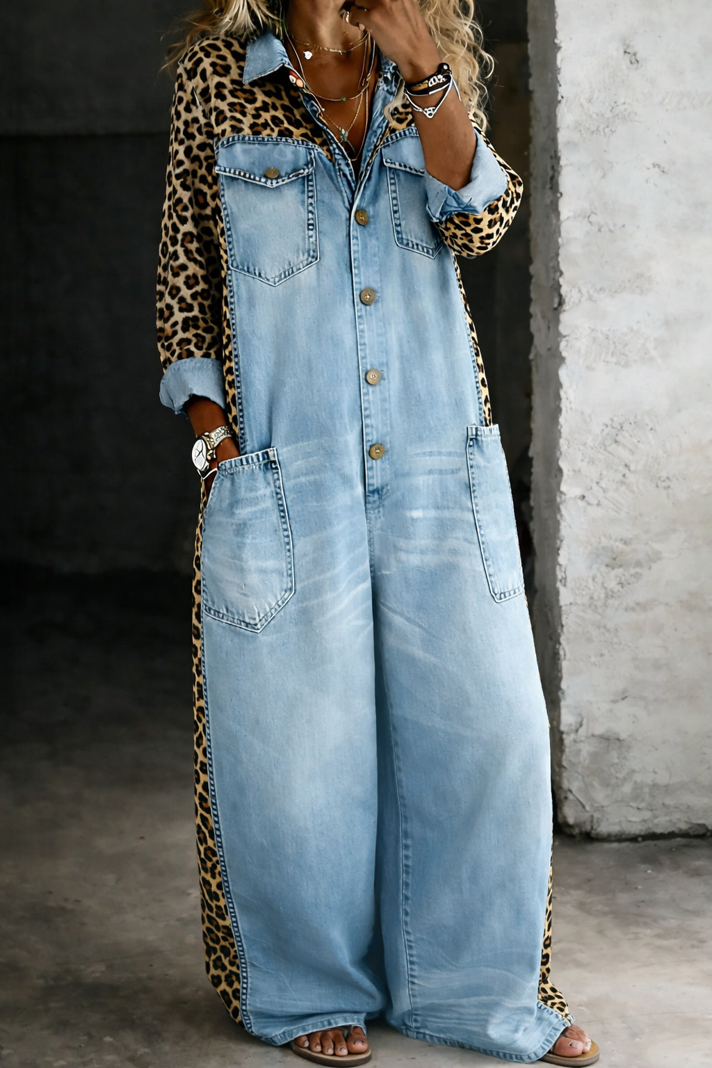 Damesdenimjumpsuit med leopardpaneler og brede ben
