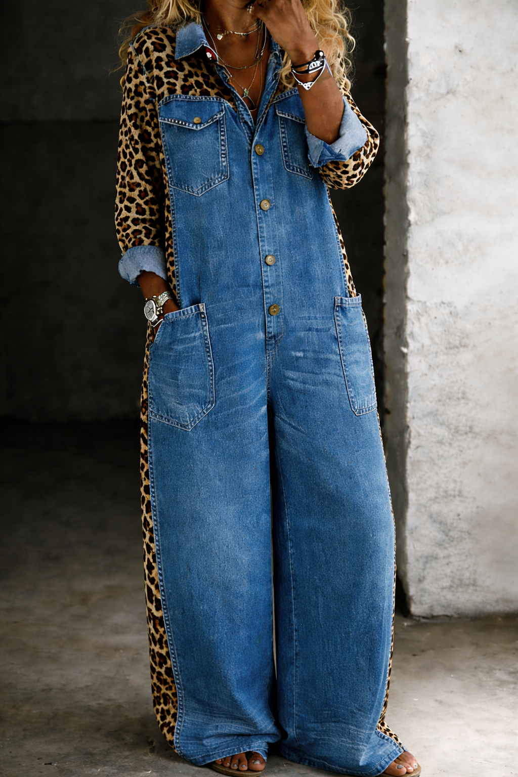Tuta intera da donna in denim leopardato a gamba larga