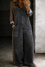 Tuta intera da donna in denim leopardato a gamba larga