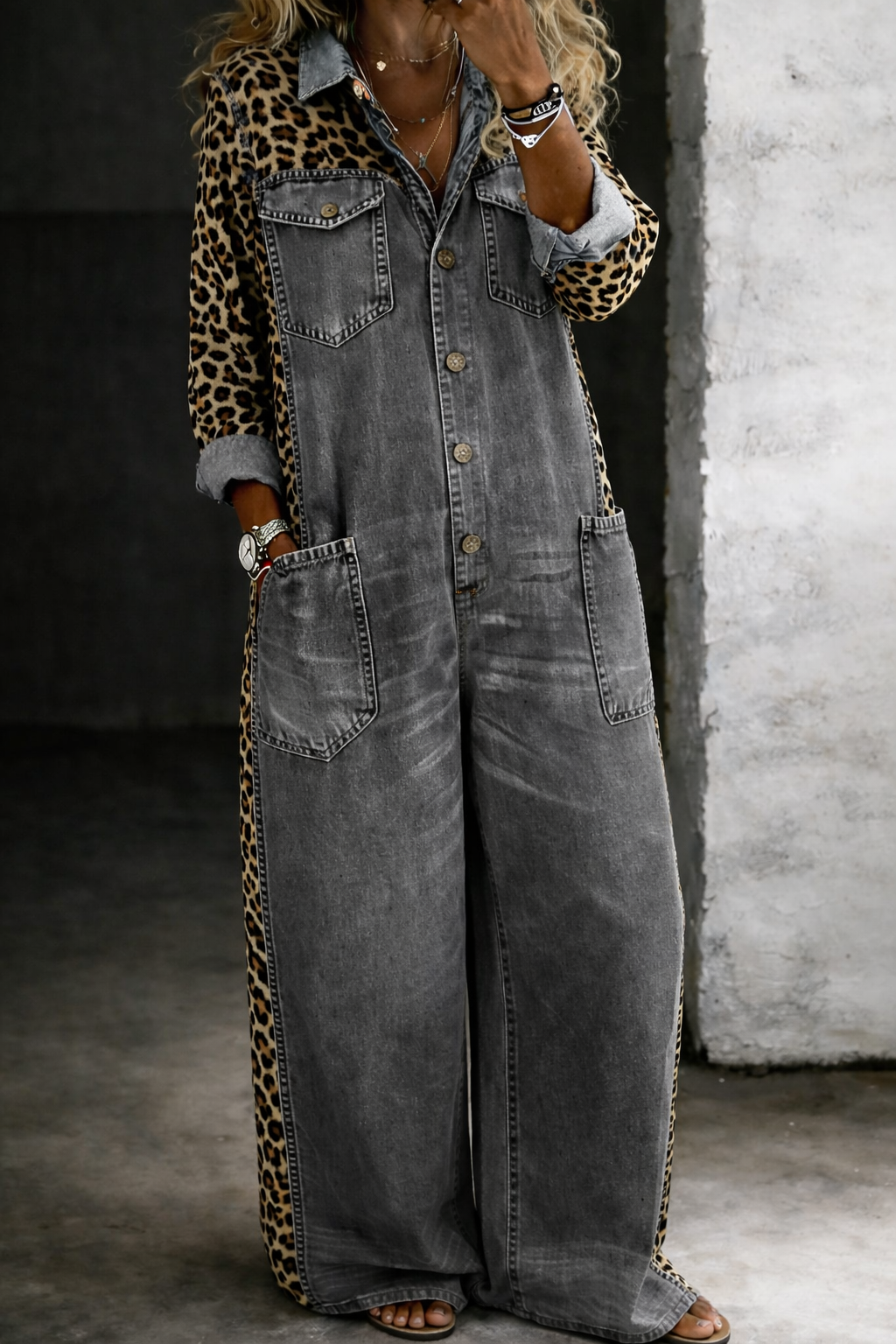 Tuta intera da donna in denim leopardato a gamba larga