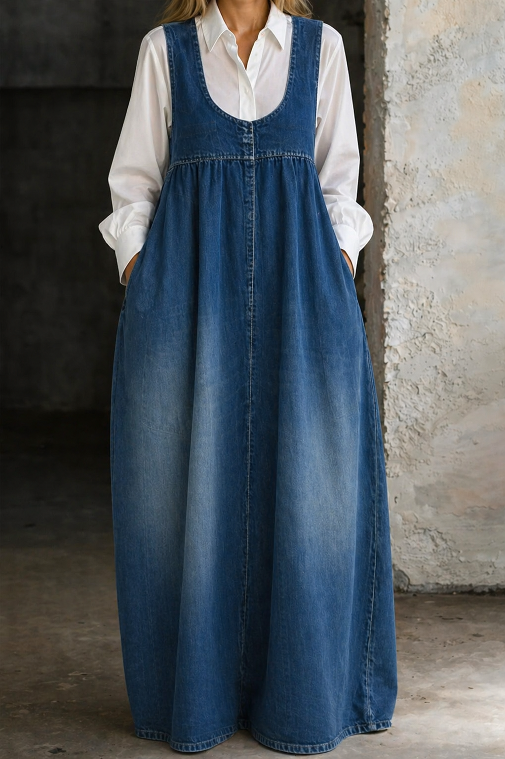 Women's Gathered Denim Pinafore Maxi Dress
