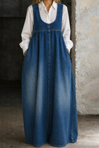 Women's Gathered Denim Pinafore Maxi Dress