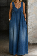 Women's Gathered Denim Pinafore Maxi Dress