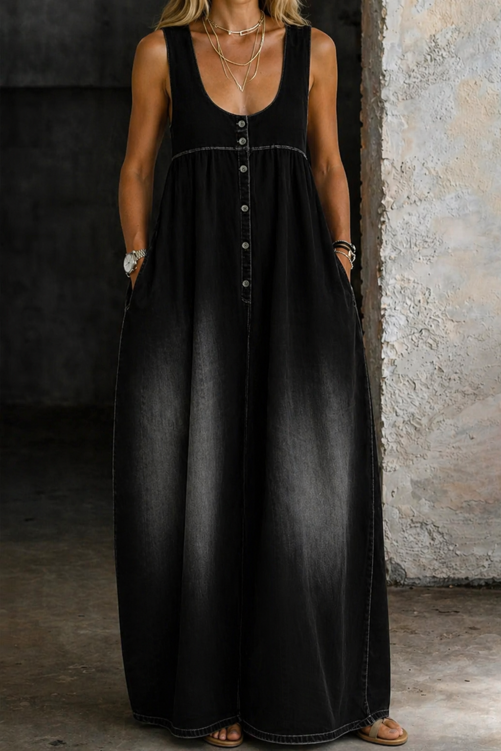 Abito maxi in denim da donna con pieghe arricciate, modello salopette