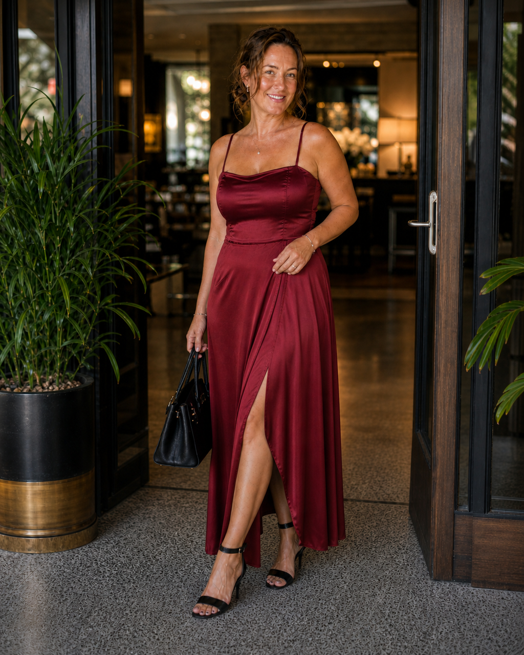 Women's Satin-Style Maxi Dress with Front Slit for Elegant Evenings