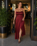 Damen Satin-Style Maxikleid mit Frontschlitz für elegante Abende