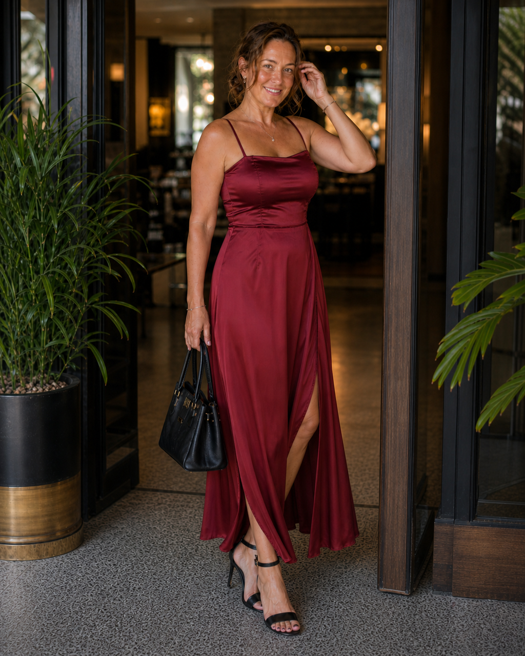 Women's Satin-Style Maxi Dress with Front Slit for Elegant Evenings