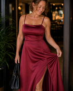 Women's Satin-Style Maxi Dress with Front Slit for Elegant Evenings