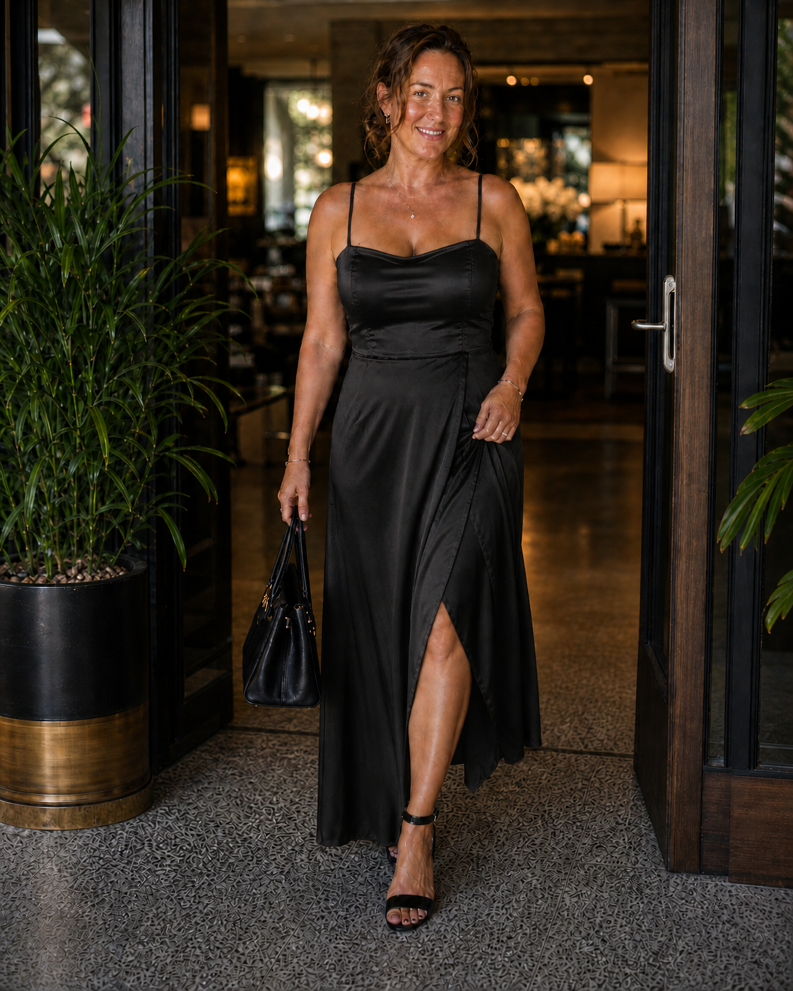 Women's Satin-Style Maxi Dress with Front Slit for Elegant Evenings