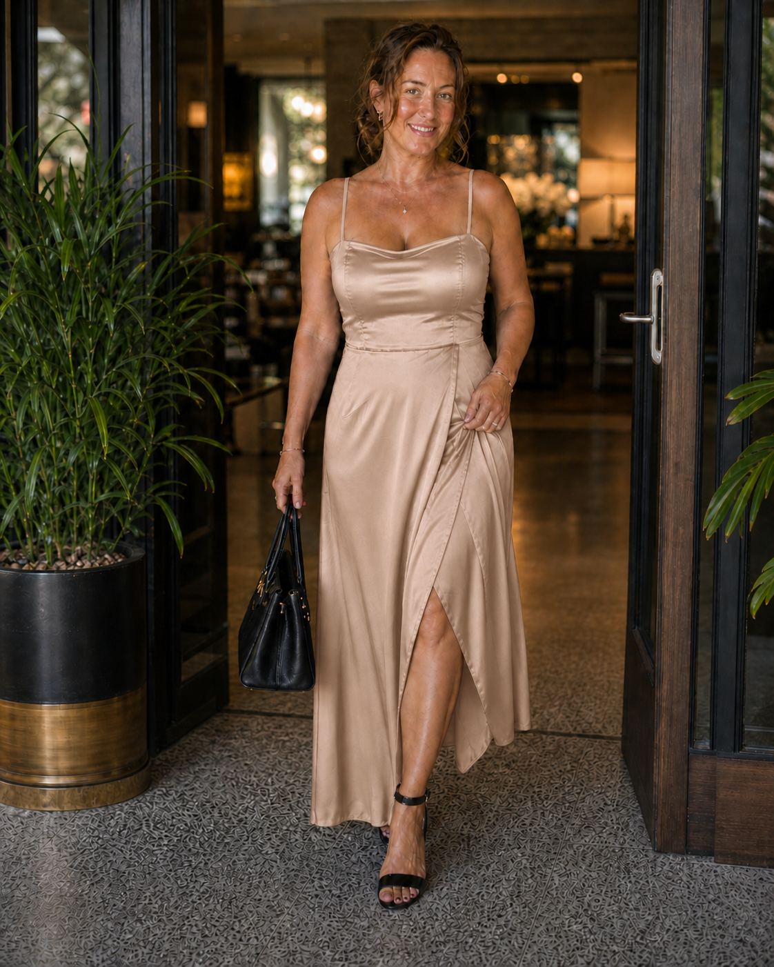 Women's Satin-Style Maxi Dress with Front Slit for Elegant Evenings