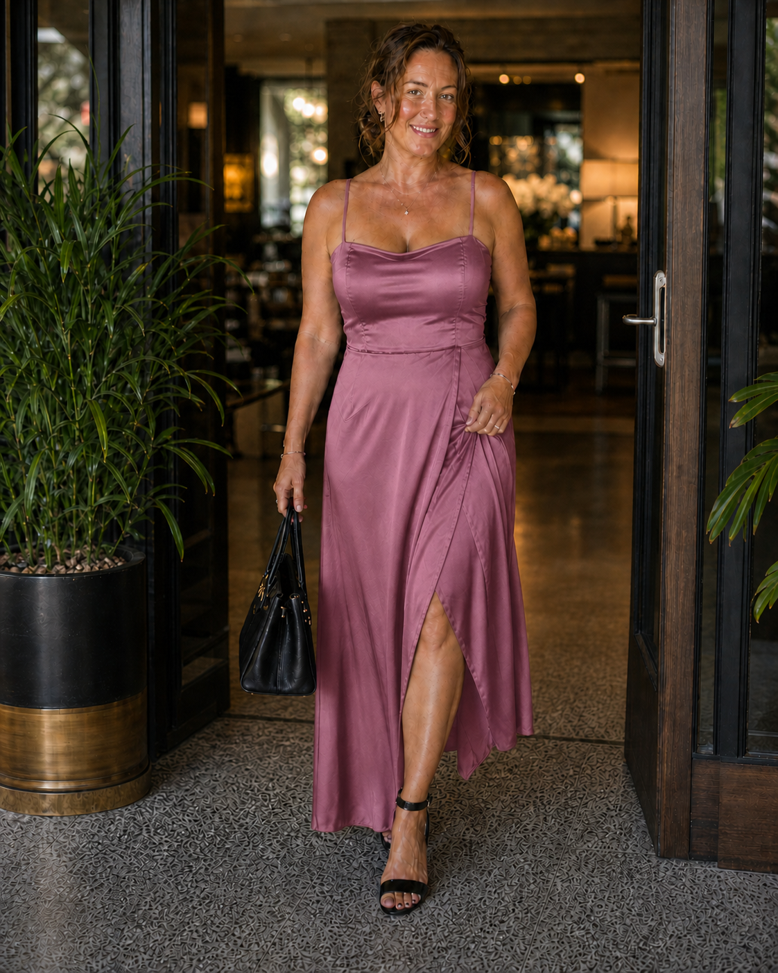 Women's Satin-Style Maxi Dress with Front Slit for Elegant Evenings