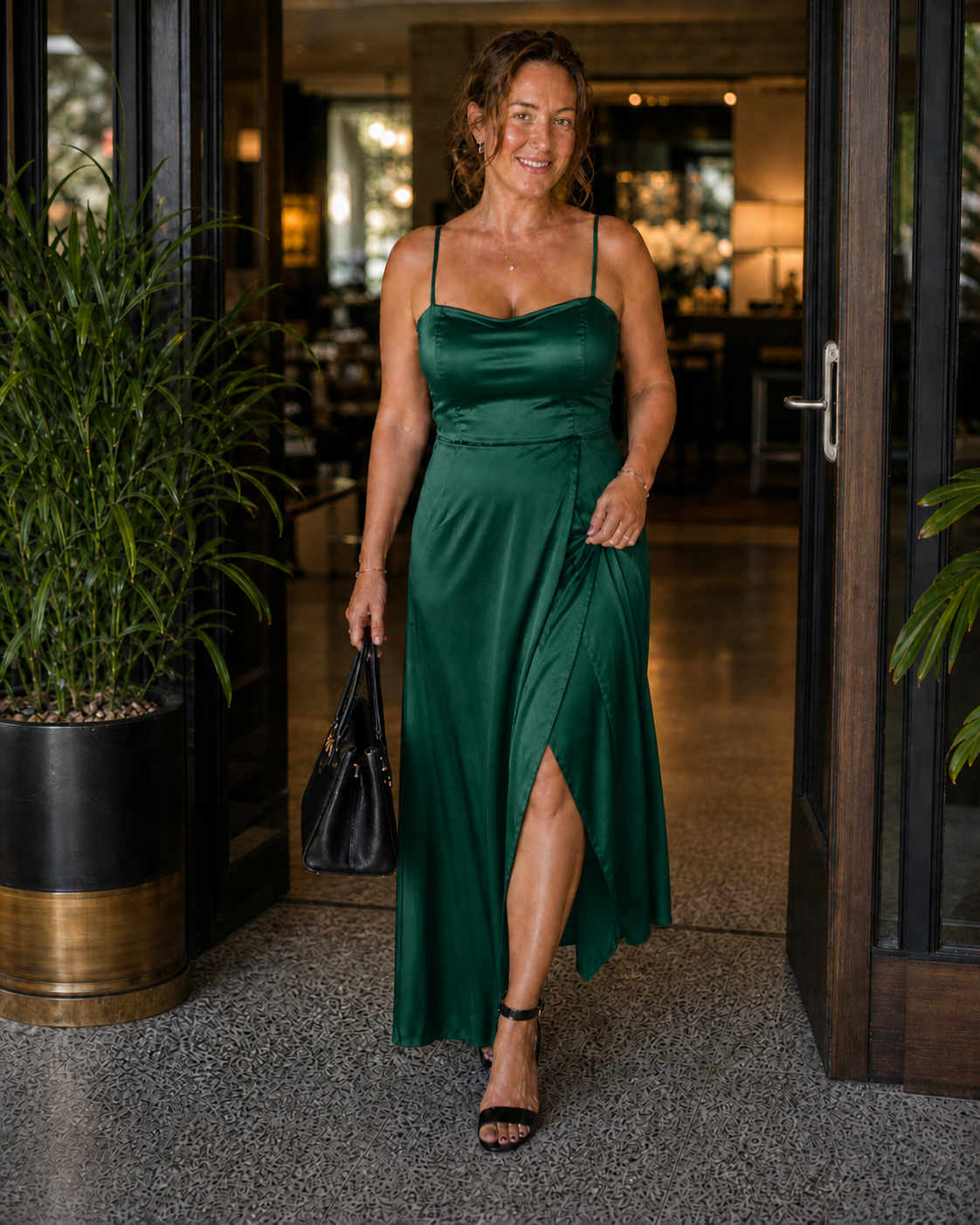 Women's Satin-Style Maxi Dress with Front Slit for Elegant Evenings