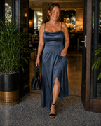 Women's Satin-Style Maxi Dress with Front Slit for Elegant Evenings