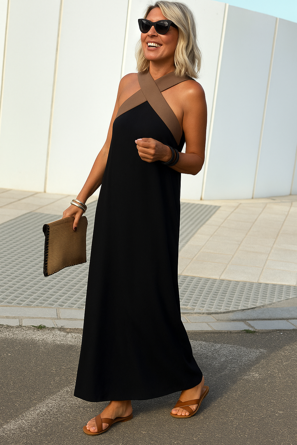 Women's Colorblock Halter Maxi Dress with Cross-Neck Detail