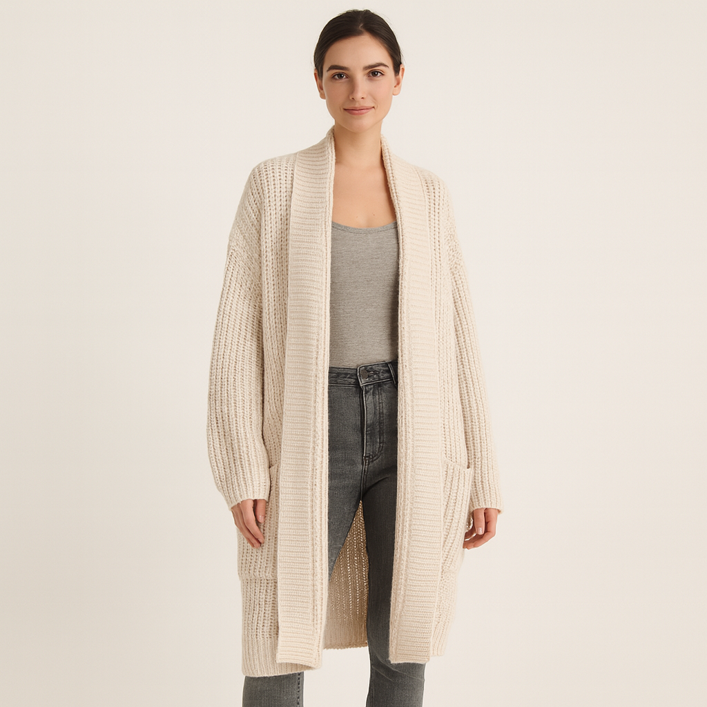 Lange Strickjacke für Damen mit offener Vorderseite