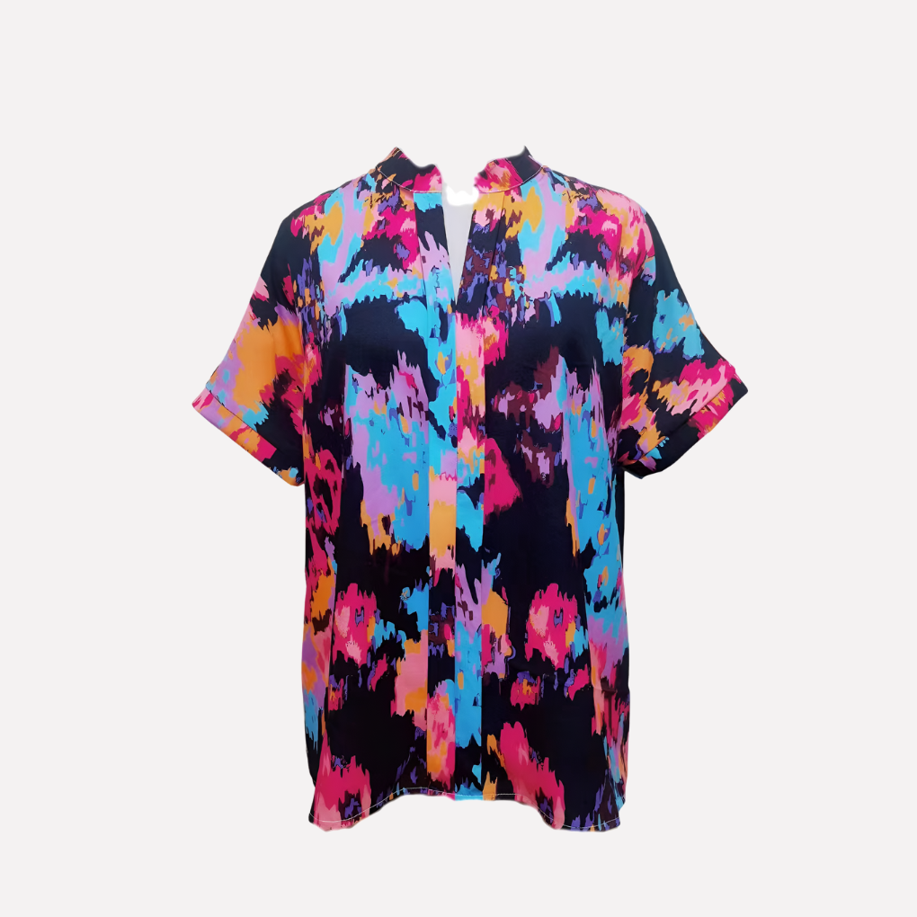 Women's Retro Print Blouse with Relaxed Fit and V-Neck Design