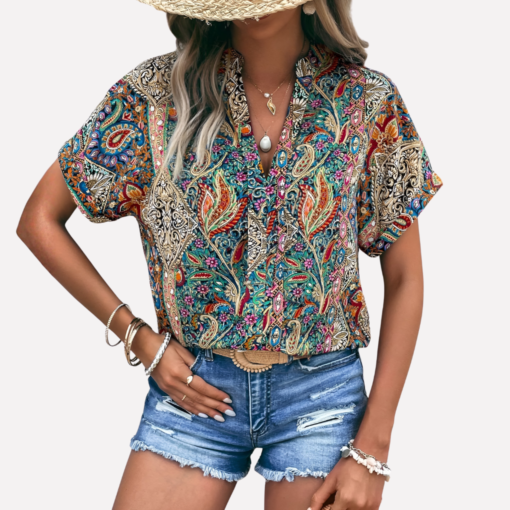 Women's Retro Print Blouse with Relaxed Fit and V-Neck Design