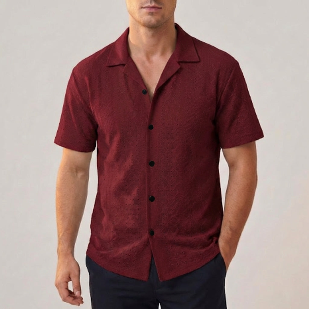 Men's Perforated Cotton Blend Shirt with Short Sleeves and Relaxed Fit