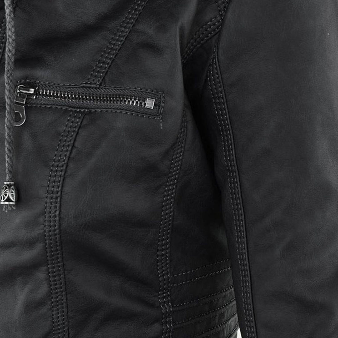 Damen Kapuzenjacke aus veganem Leder mit strukturierter Passform und Reißverschluss-Details