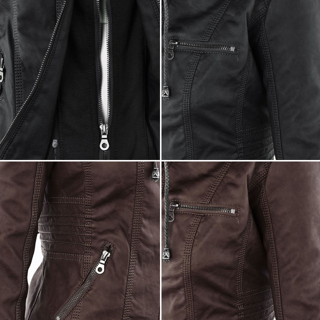 Damen Kapuzenjacke aus veganem Leder mit strukturierter Passform und Reißverschluss-Details