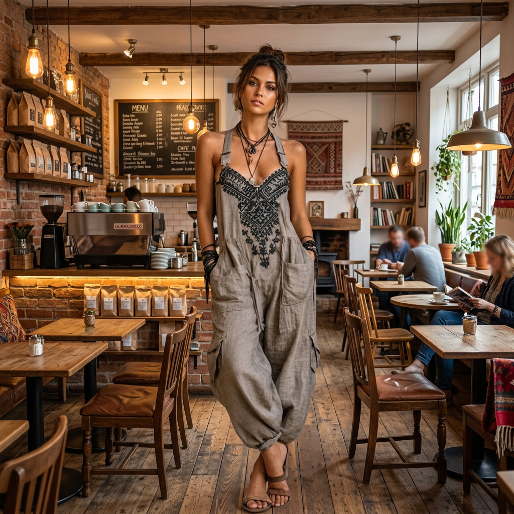Women's Bohemian Embroidered Harem Jumpsuit with Adjustable Shoulder Straps