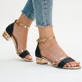 Elegante Damen-Sandalen mit offenem Zehenbereich, Blockabsatz, metallischem Knöchelriemen, Schnallenverschluss und geometrischem Absatzdesign
