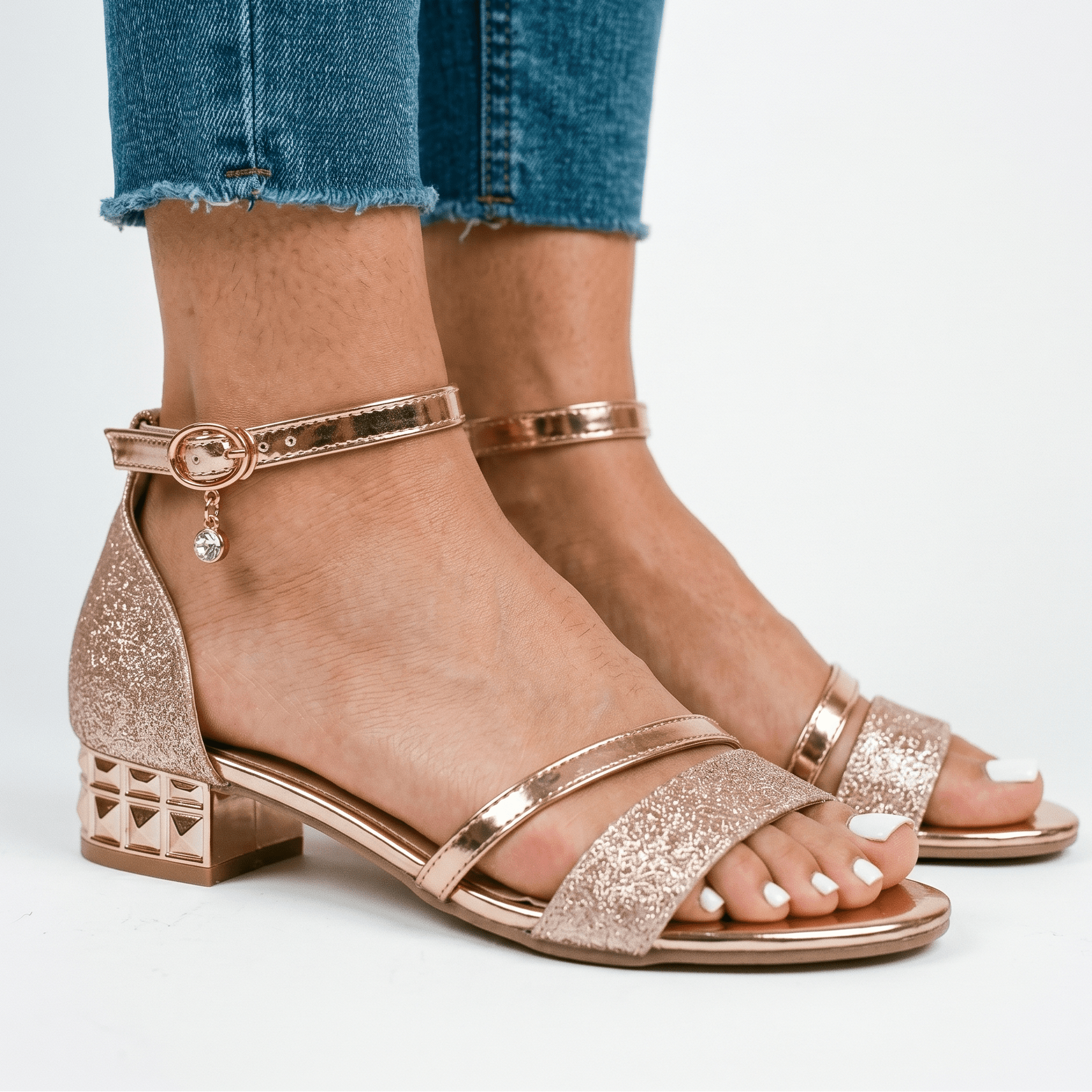 Women's Elegant Open Toe Block Heel Sandals with Metallic Ankle Strap, Buckle Closure and Geometric Heel Design