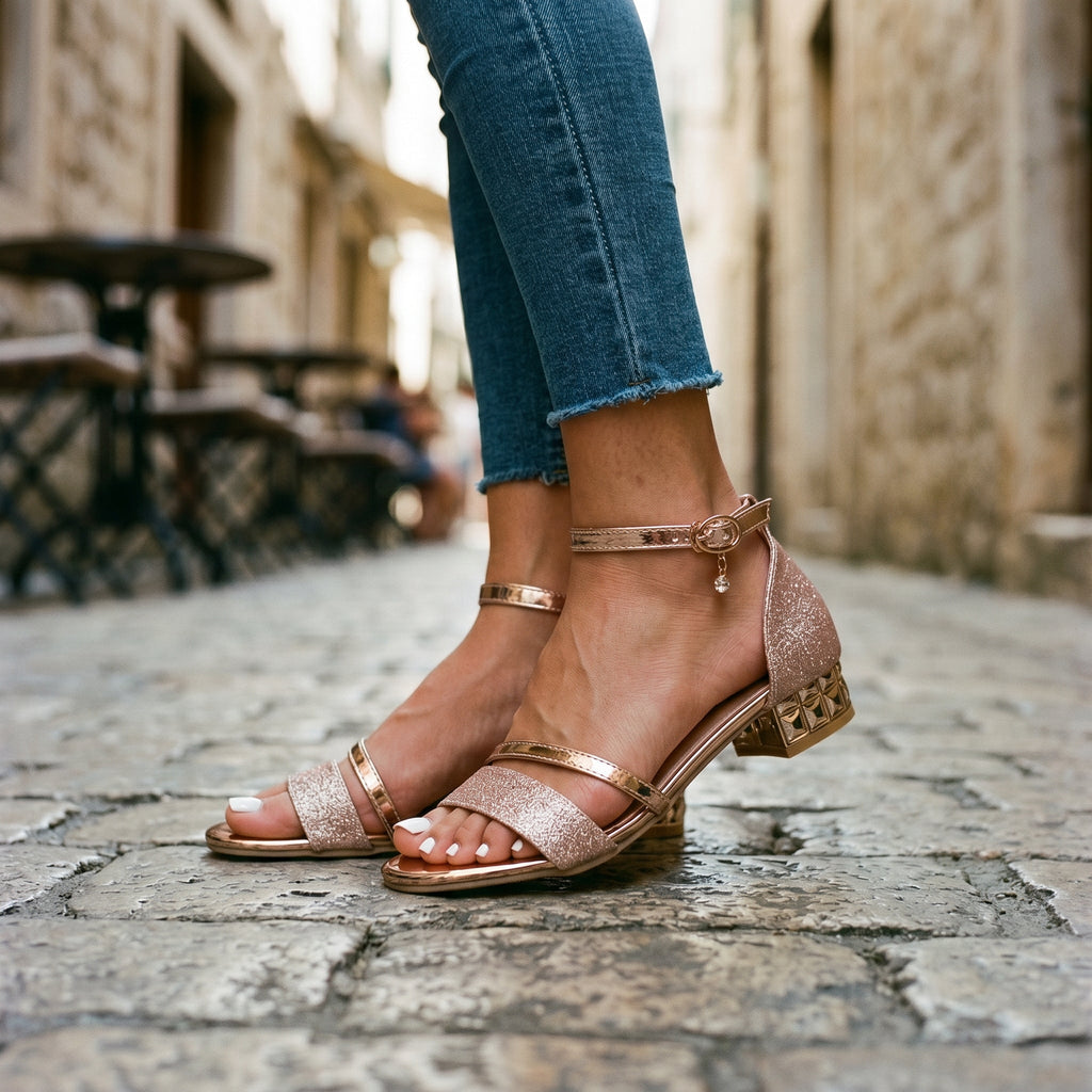 Elegante Damen-Sandalen mit offenem Zehenbereich, Blockabsatz, metallischem Knöchelriemen, Schnallenverschluss und geometrischem Absatzdesign