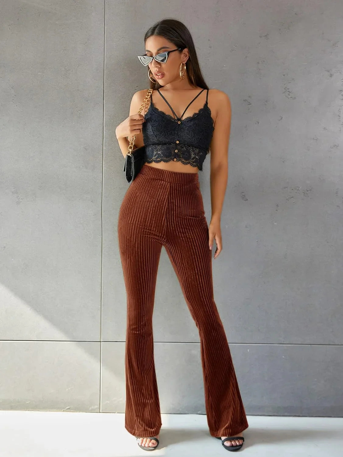 Women’s High-Waisted Flared Trousers with Ribbed Velvet Texture
