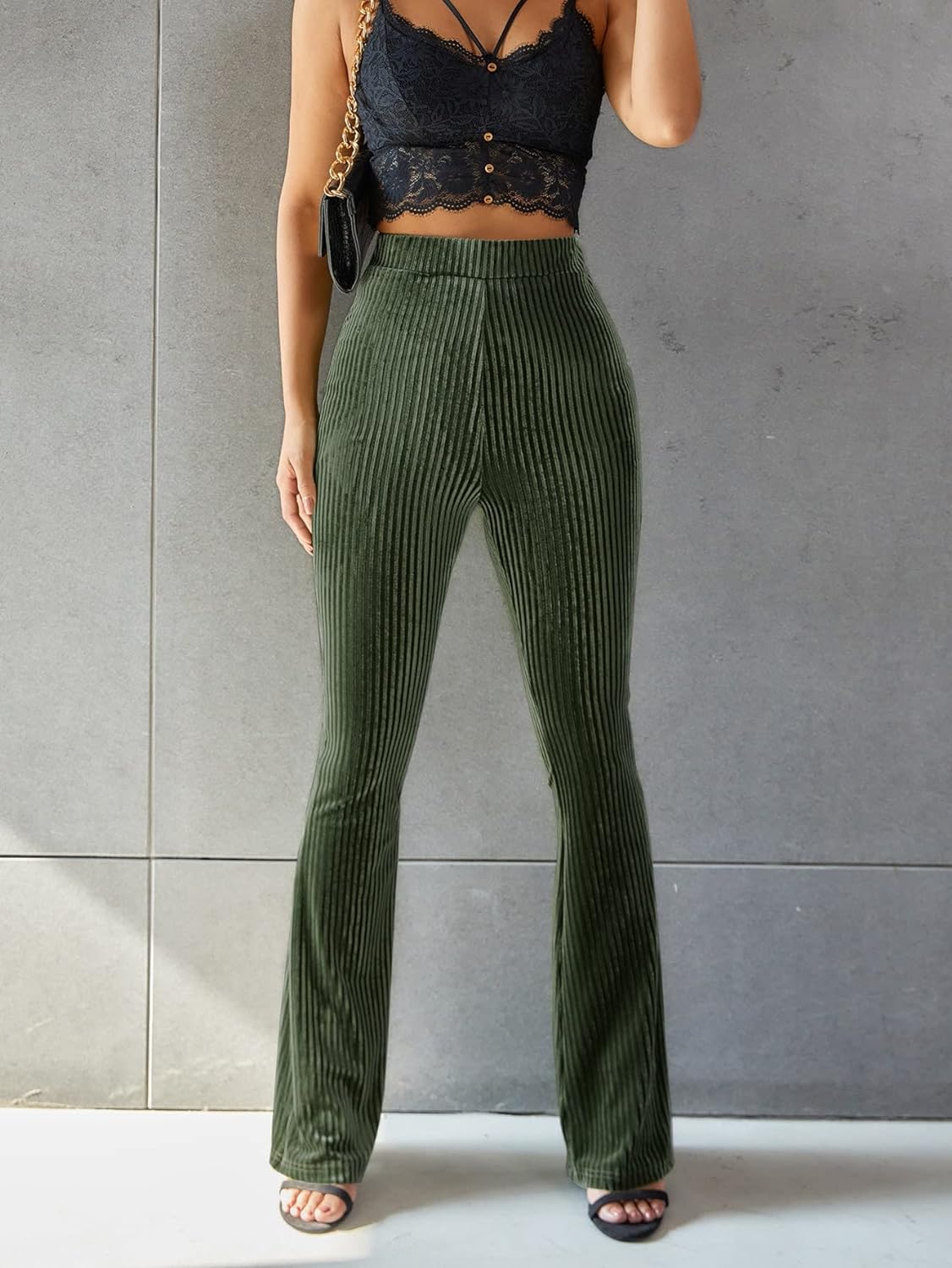 Women’s High-Waisted Flared Trousers with Ribbed Velvet Texture